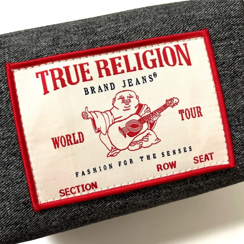 NWT True Religion Loaf Cosmetics Toiletry Travel Bag Gray Denim Buddha Patch